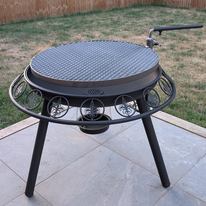 Ornate firepit and swing-arm grill alternate view
