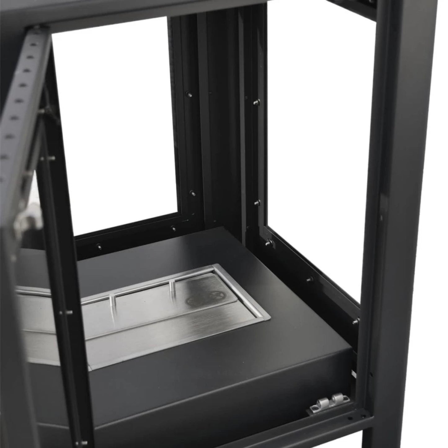 Black metal frame of the Natura Garden Fireplace with a central metallic platform on a white background