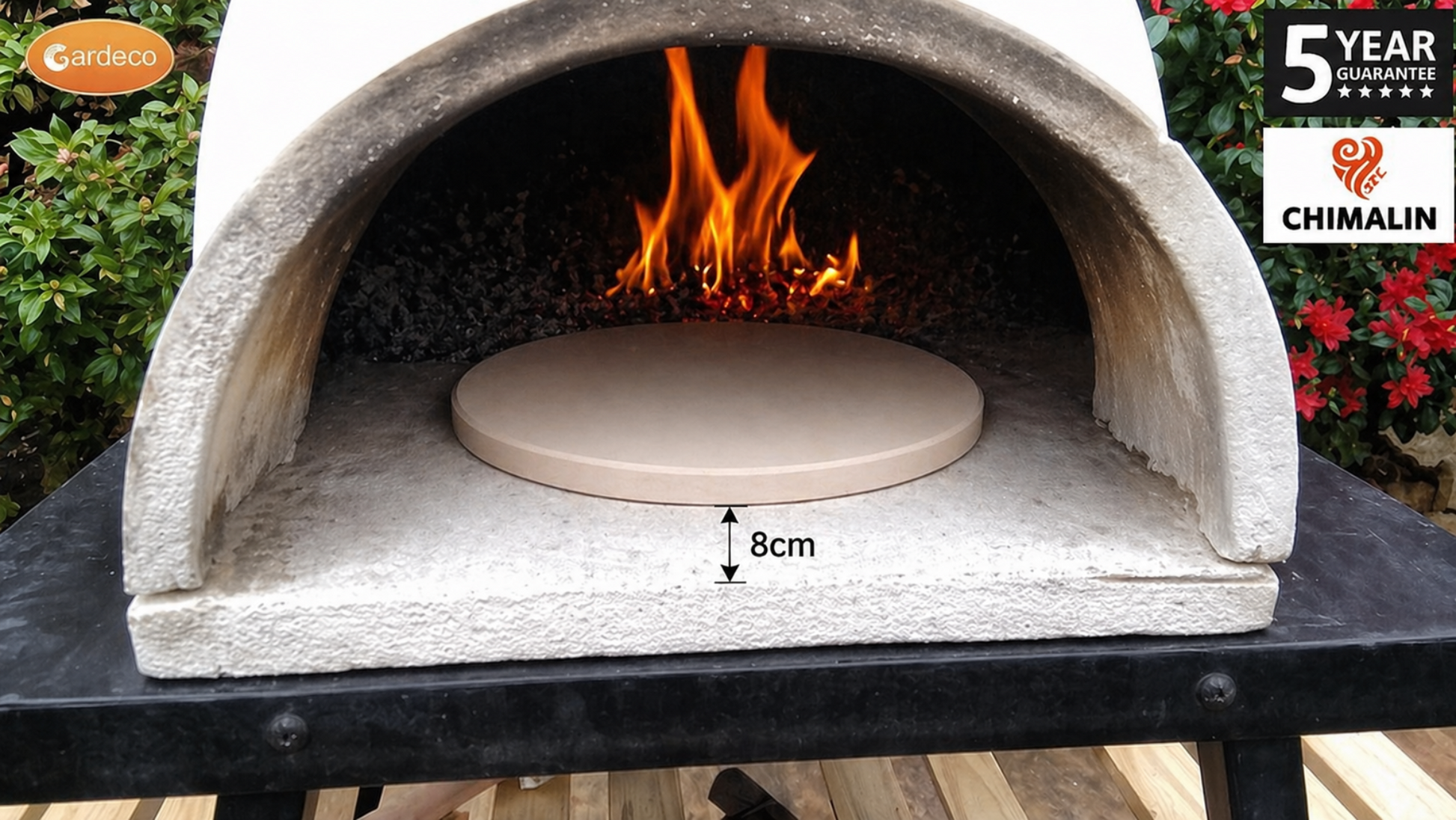 Stone pizza oven with pizza stone and flames inside, Chimalin brand visible