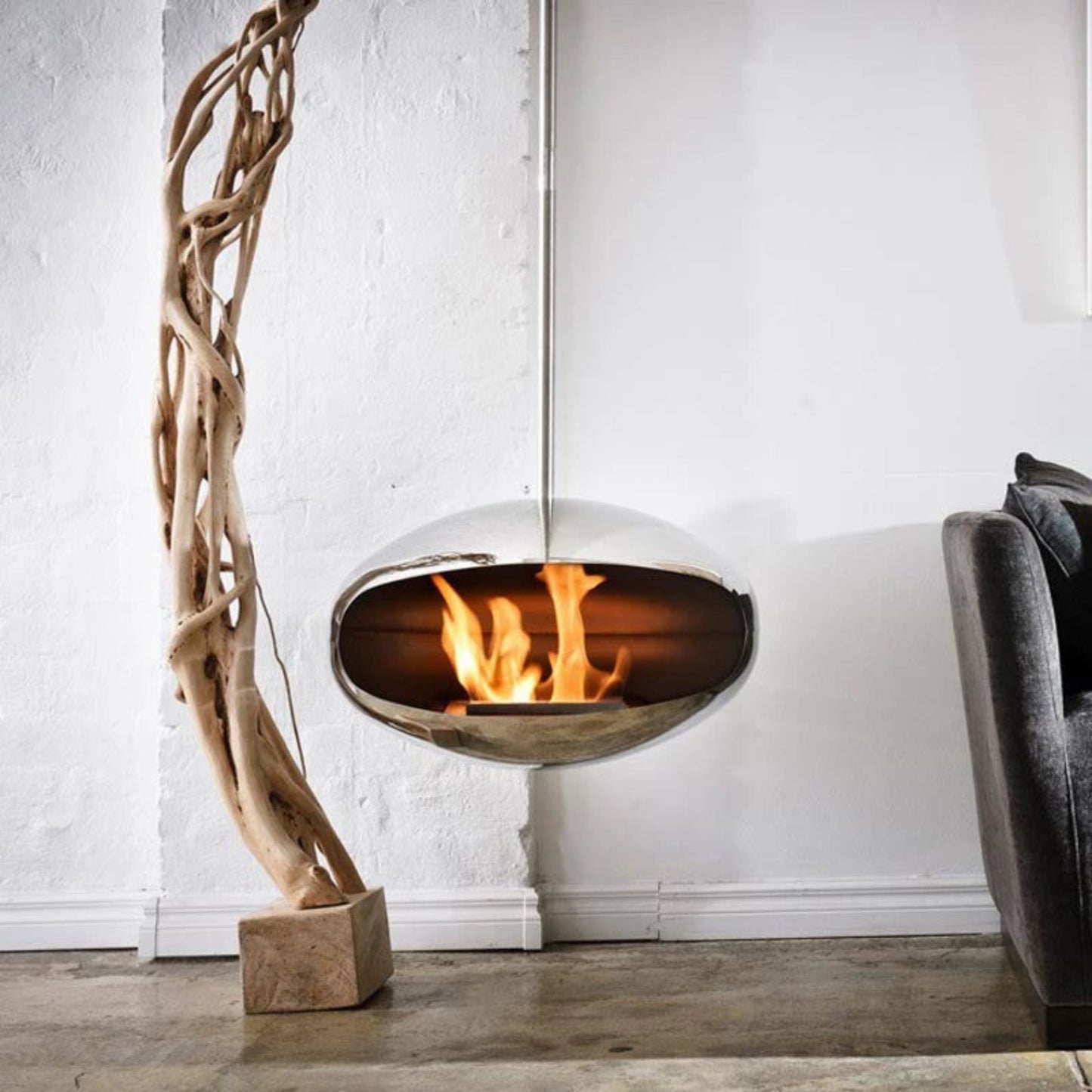 Cocoon Aeris Ceiling Bioethanol Fireplace - Polished Steel Steel Pole