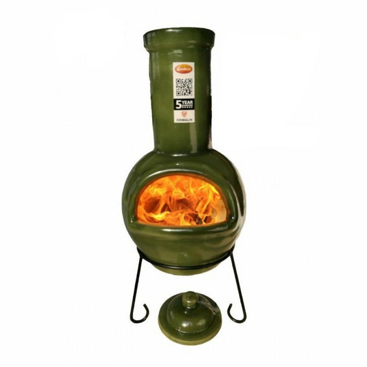 Green ceramic chiminea with glowing interior on a white background