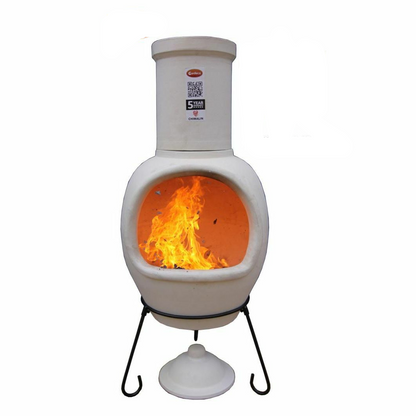 White chiminea with flames inside on a white background