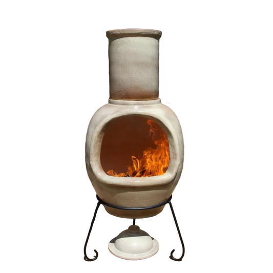 Ceramic chiminea with flames inside on a white background