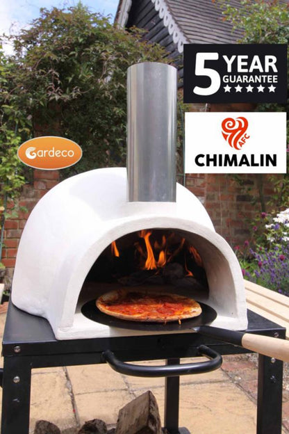 Outdoor pizza oven cooking a pizza with Gardeco and Chimalin branding.
