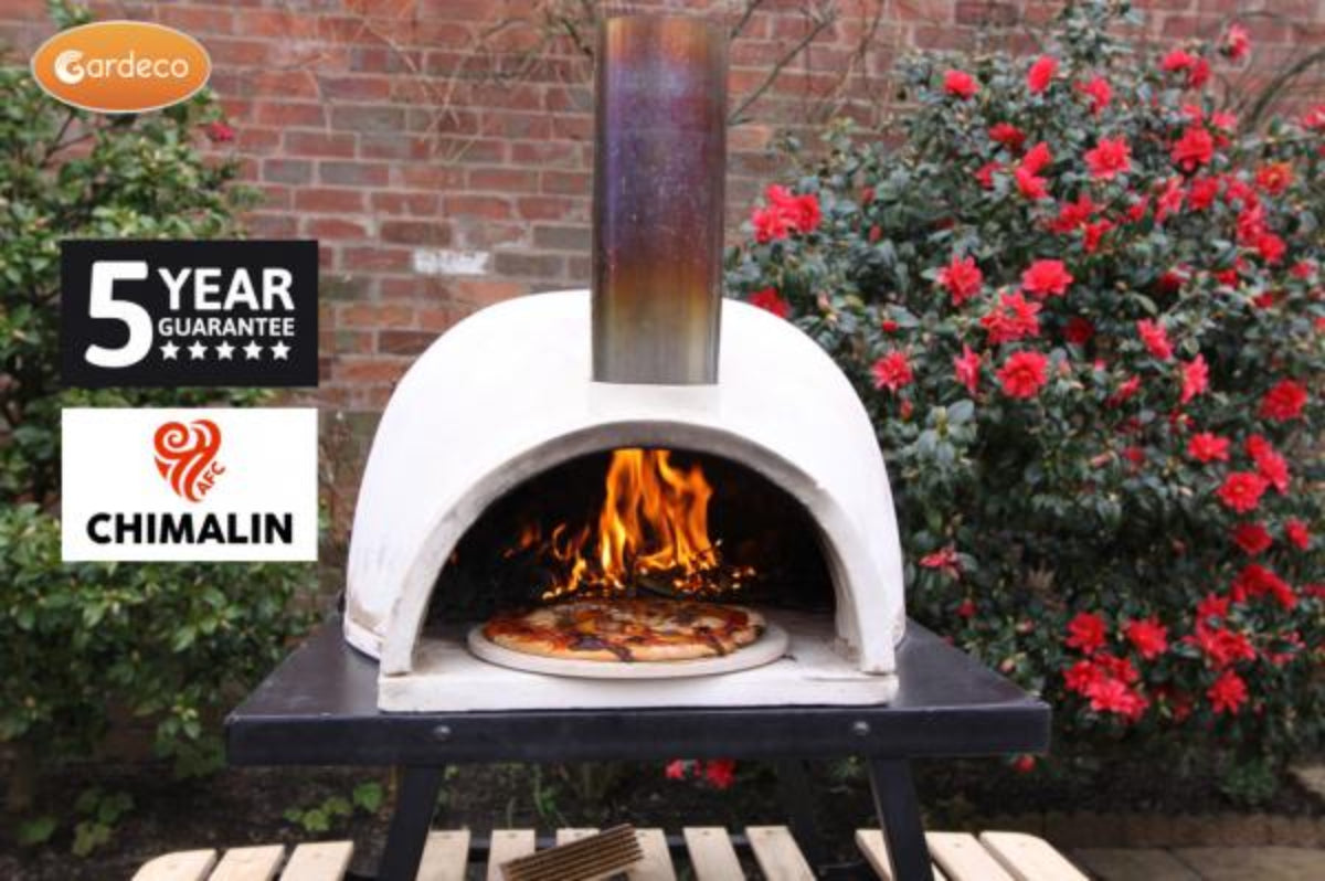 Outdoor pizza oven with fire and pizza, Chimalin branding, and Gardeco logo.