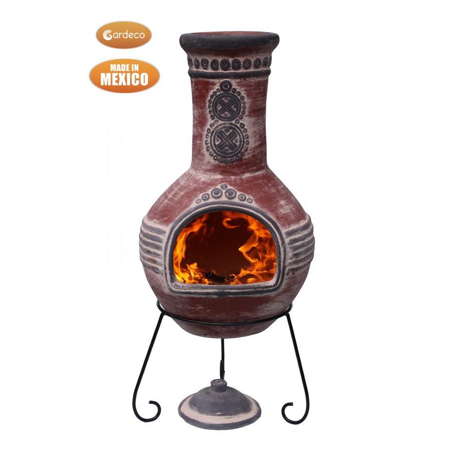 Azteca design XL Mexican Clay Chiminea in Red & Grey