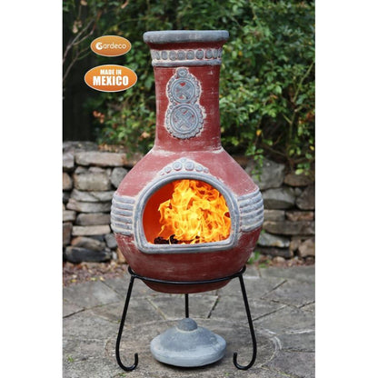 Azteca design XL Mexican Clay Chiminea in Red & Grey