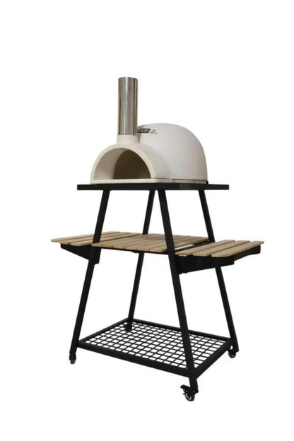 White outdoor pizza oven on a black metal stand with wooden shelves against a white background
