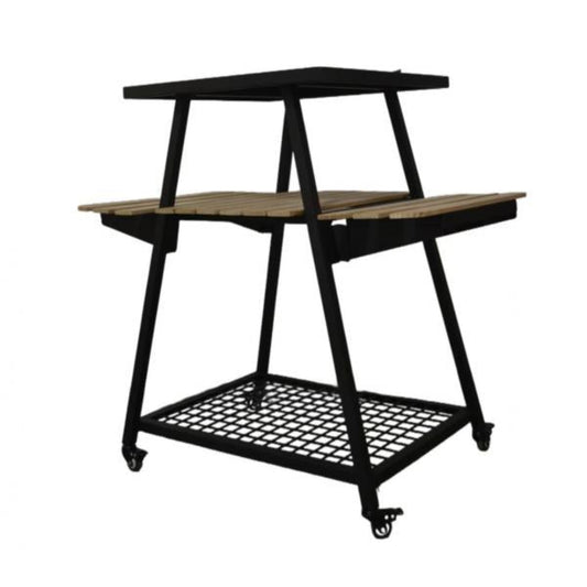 Black metal and wooden rolling cart on a white background