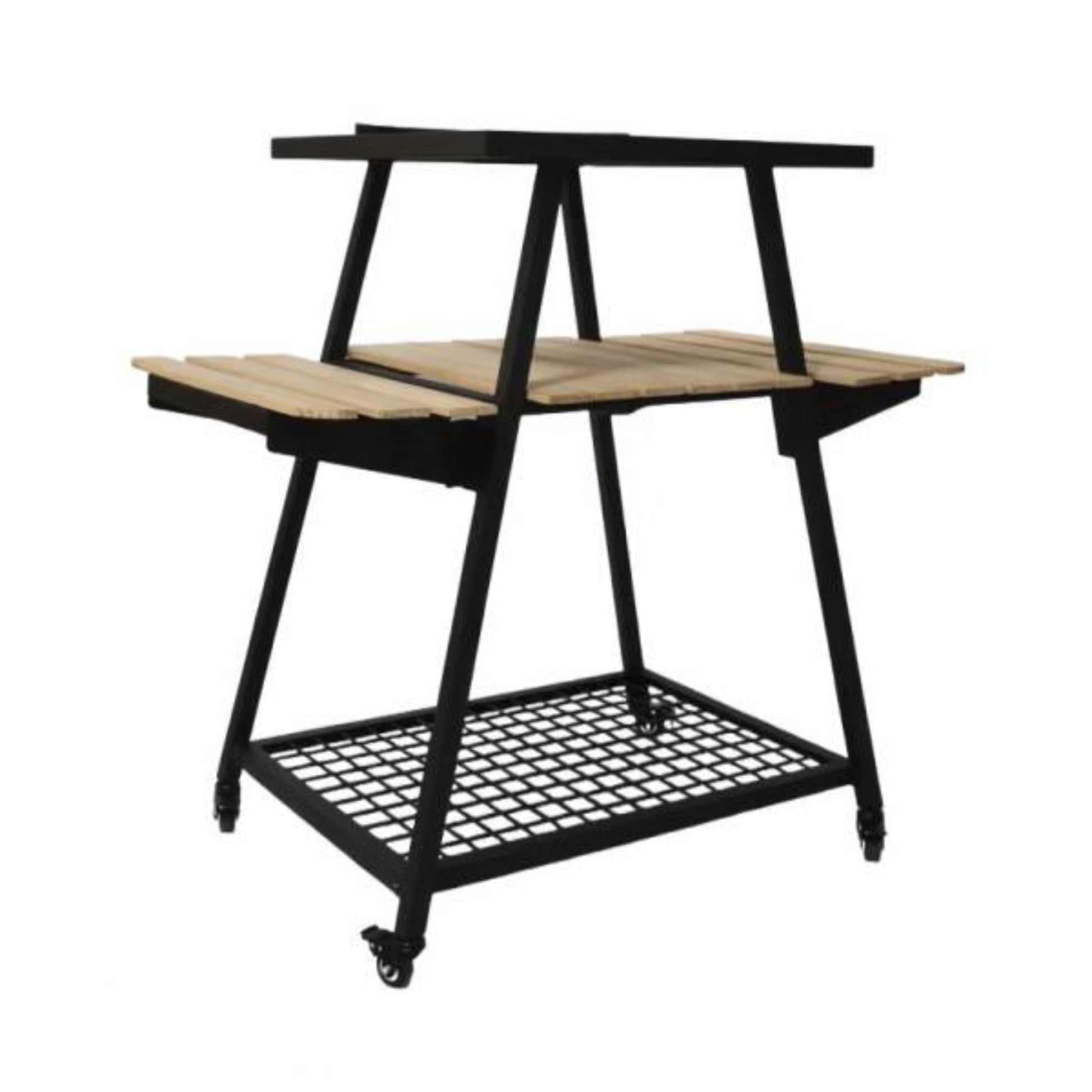 Two-tiered metal and wood shelf on wheels with a white background