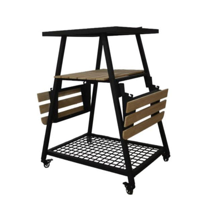 Black metal and wooden rolling cart on a white background