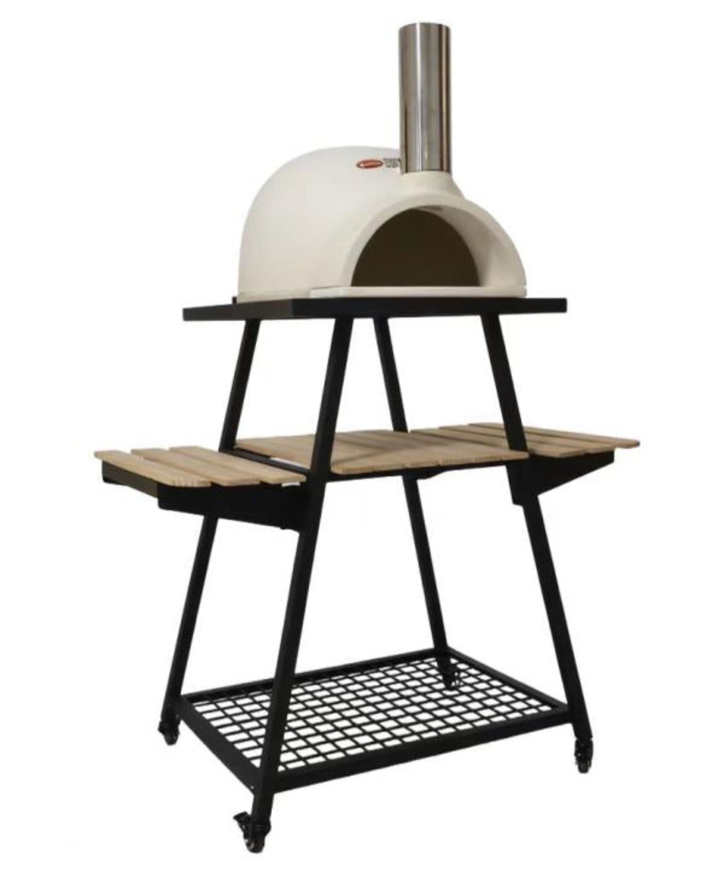 White outdoor pizza oven on a stand with a black base and wooden shelf.