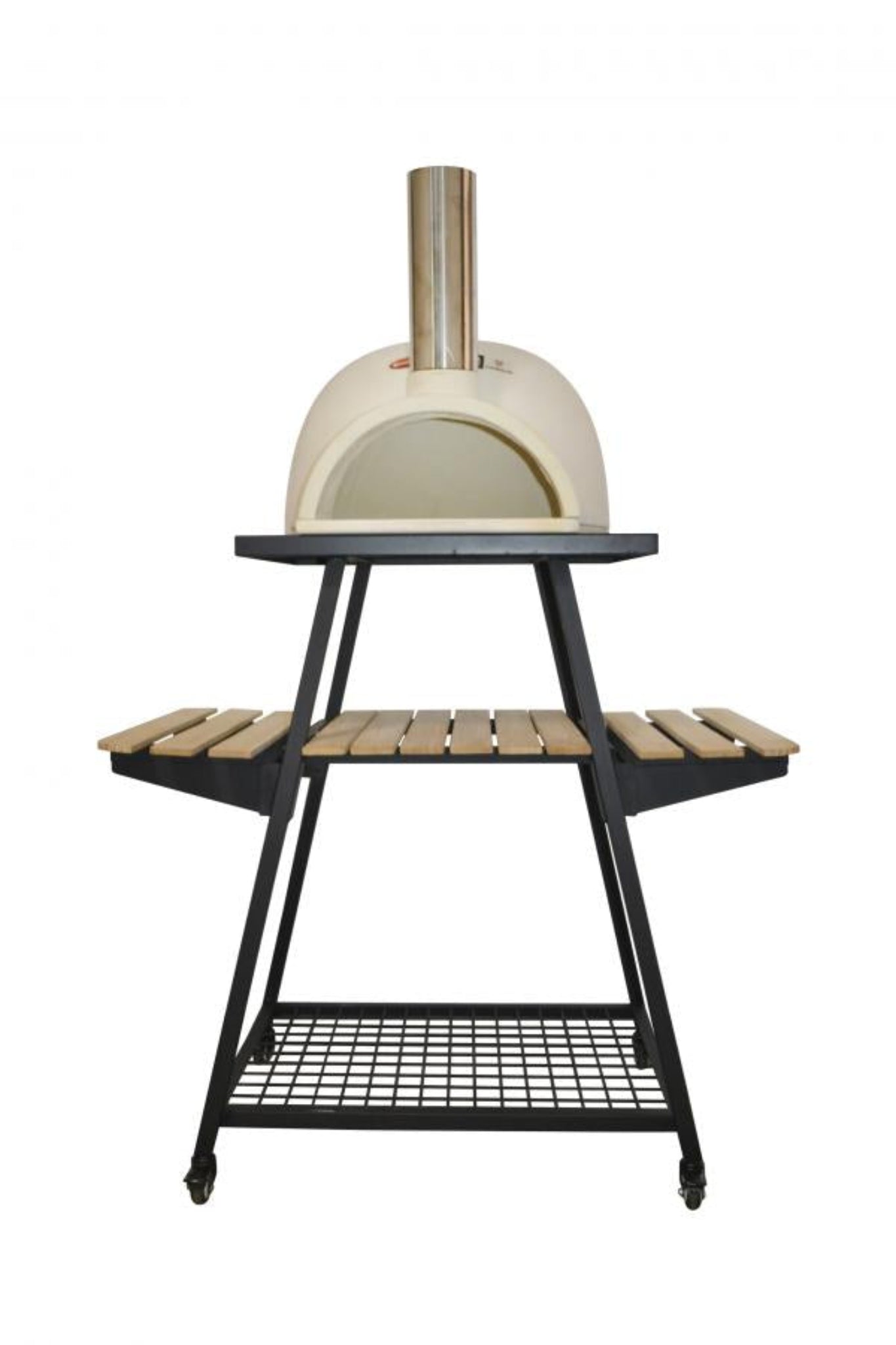 White outdoor pizza oven on a black metal stand with wooden shelves against a white background