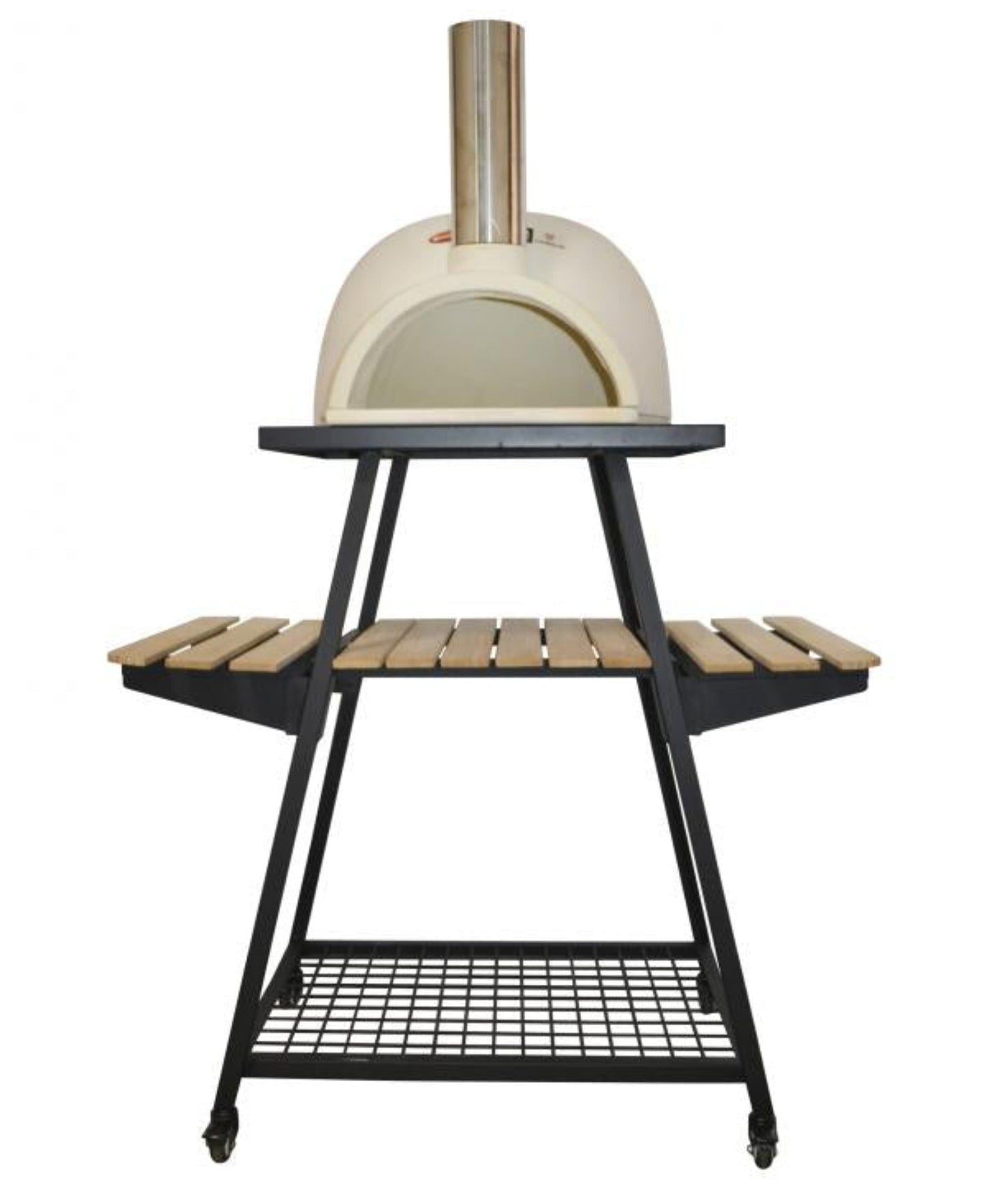 White outdoor pizza oven on a black metal stand with wooden shelves against a white background