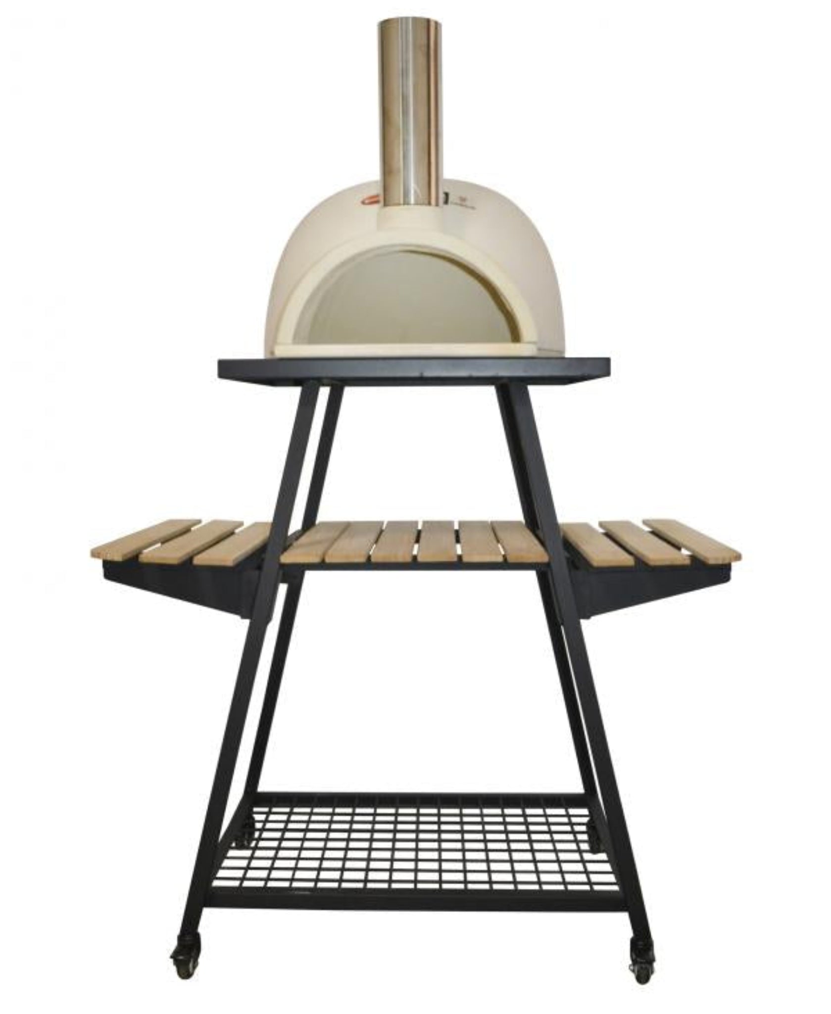 White outdoor pizza oven on a black metal stand with wooden shelves against a white background