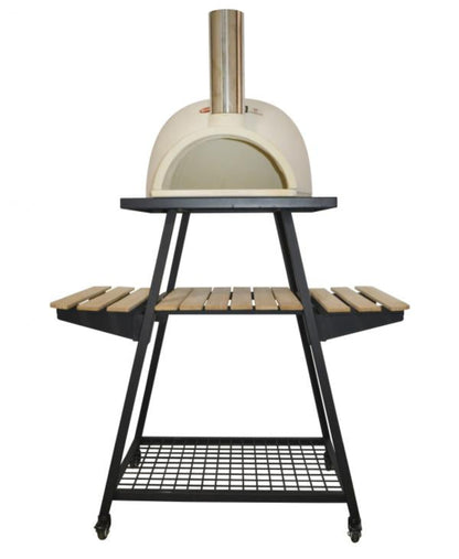 White outdoor pizza oven on a black metal stand with wooden shelves against a white background