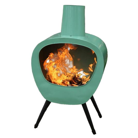 Green outdoor fire pit with flames on a white background
