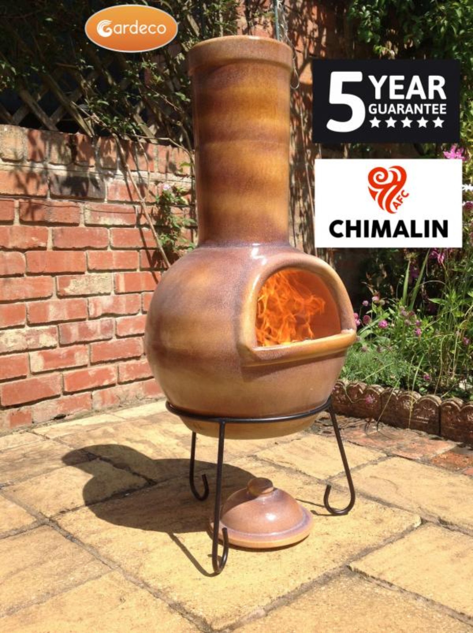 Chiminea with visible flames on a patio, featuring Gardeco and Chimalin branding.