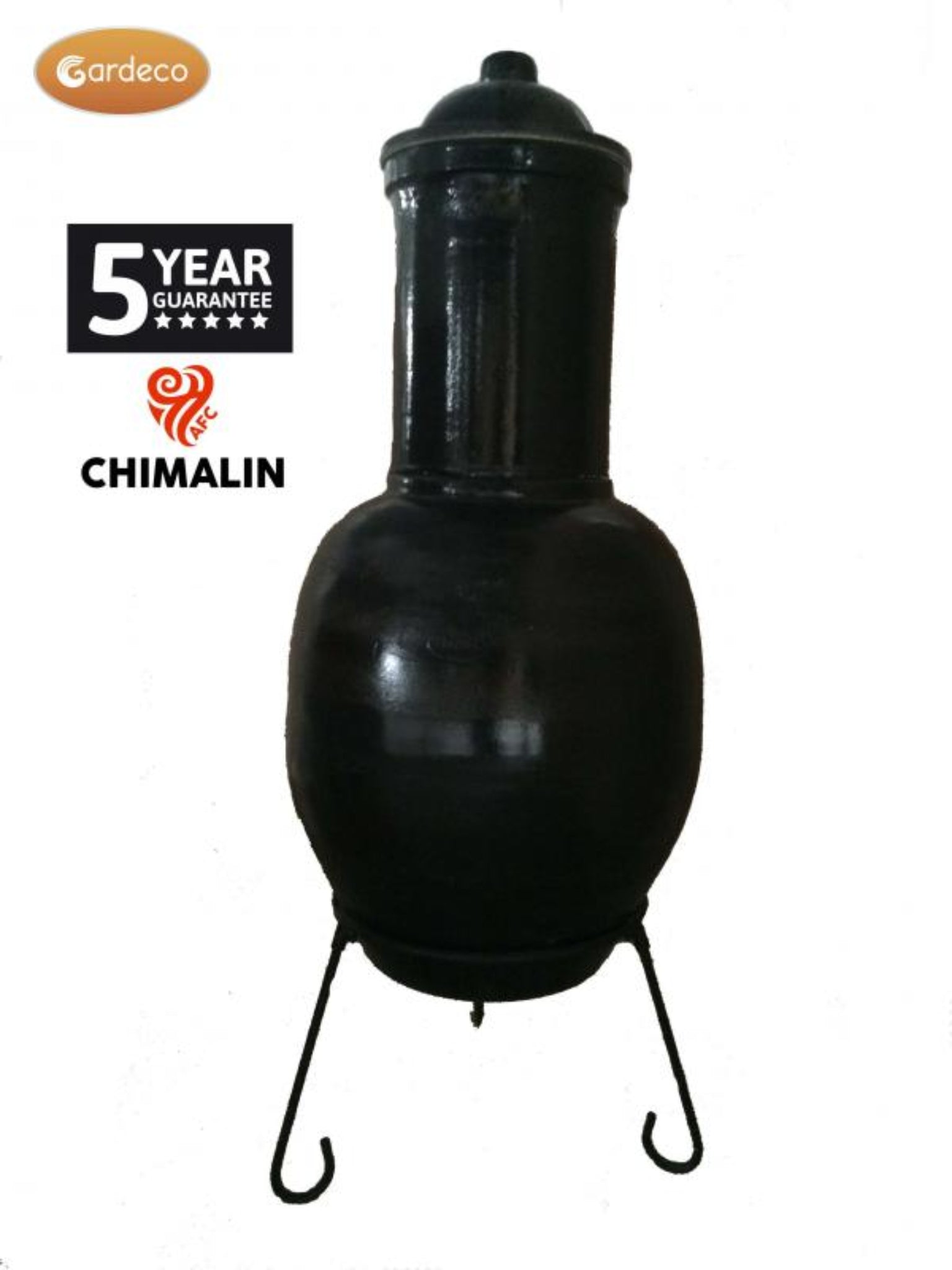 Black ceramic chiminea with Gardeco and Chimalin branding on a white background