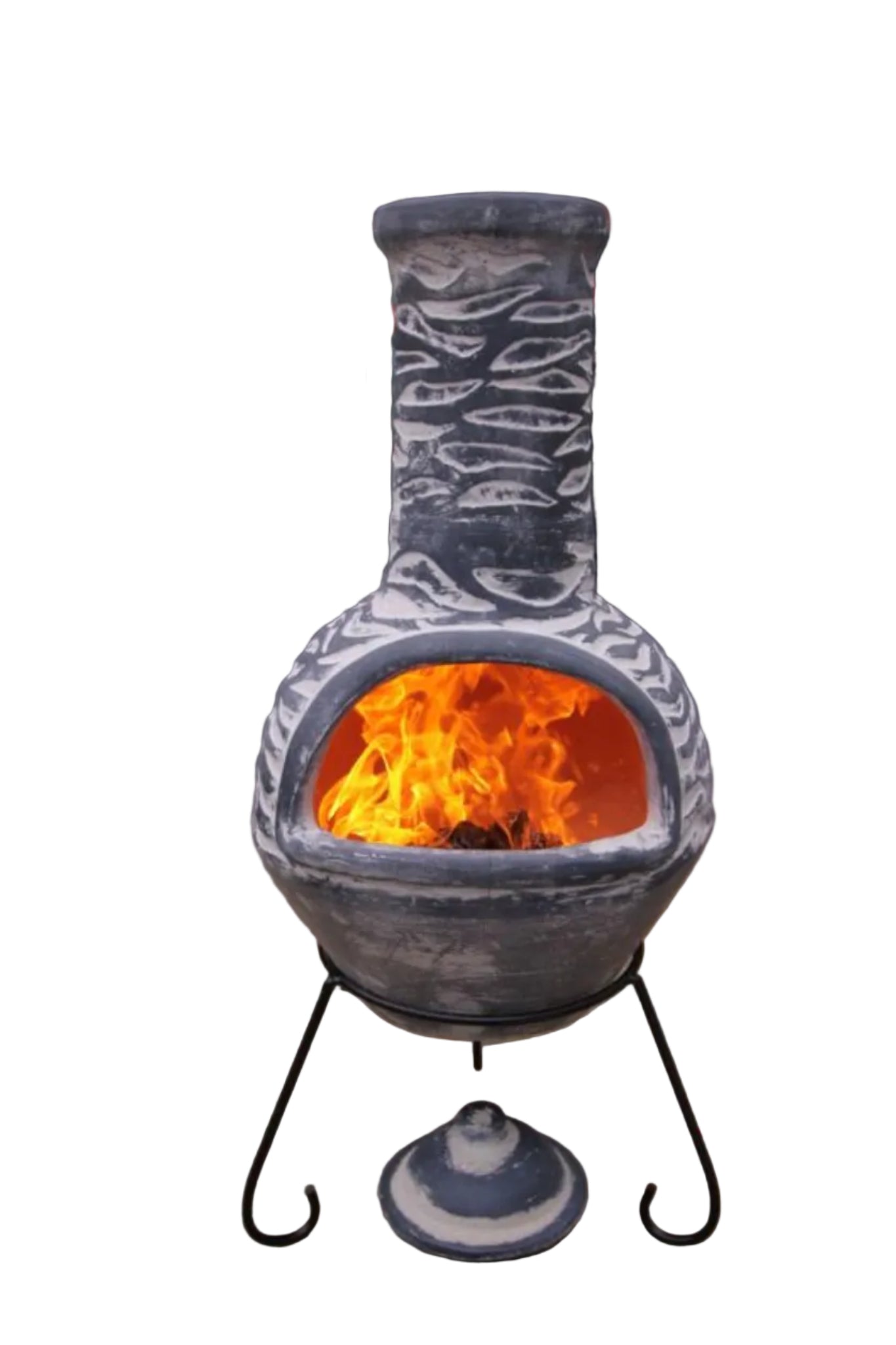 Ceramic chiminea with flames on a patio, featuring Gardeco branding.