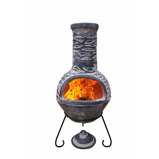 Ceramic chiminea with flames on a patio, featuring Gardeco branding.