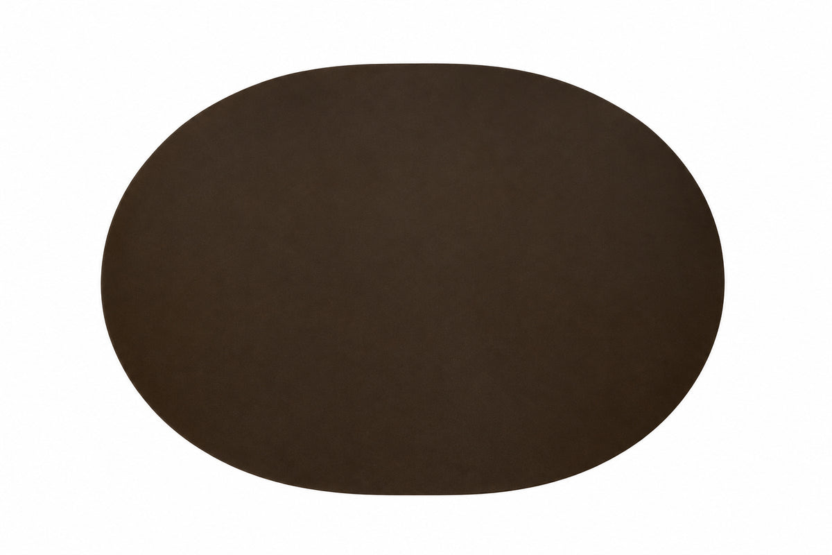 A dark brown oval-shaped steel mat shown from a top-down view on a plain white background.