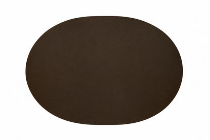 A dark brown oval-shaped steel mat shown from a top-down view on a plain white background.