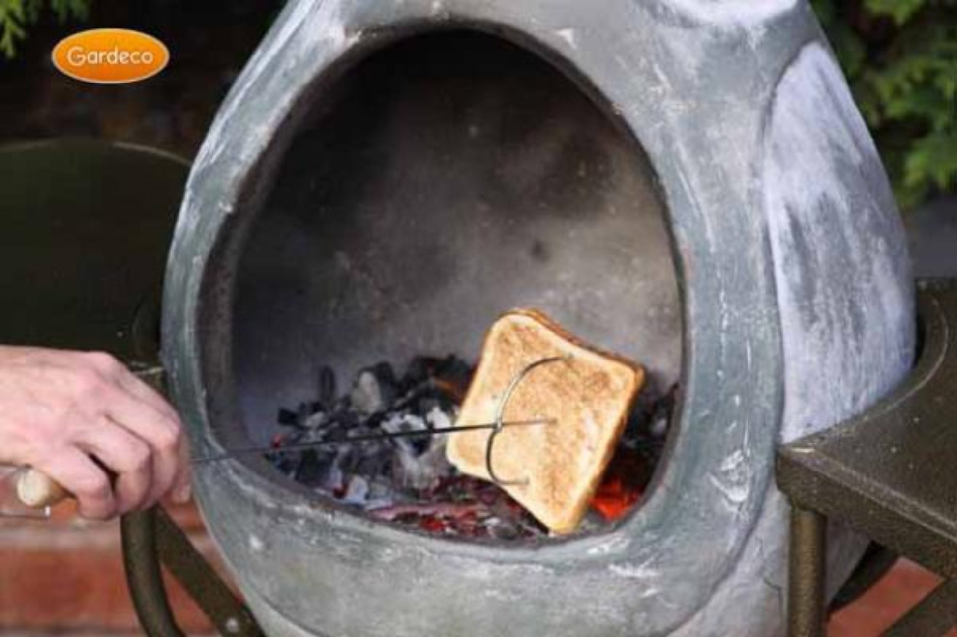 Toasted bread over a fire pit.