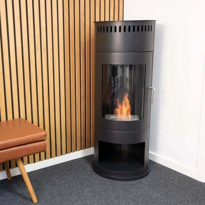 ScandiFlames Washington Bioethanol Stove in corner of a room with grey carpet and wooden panels