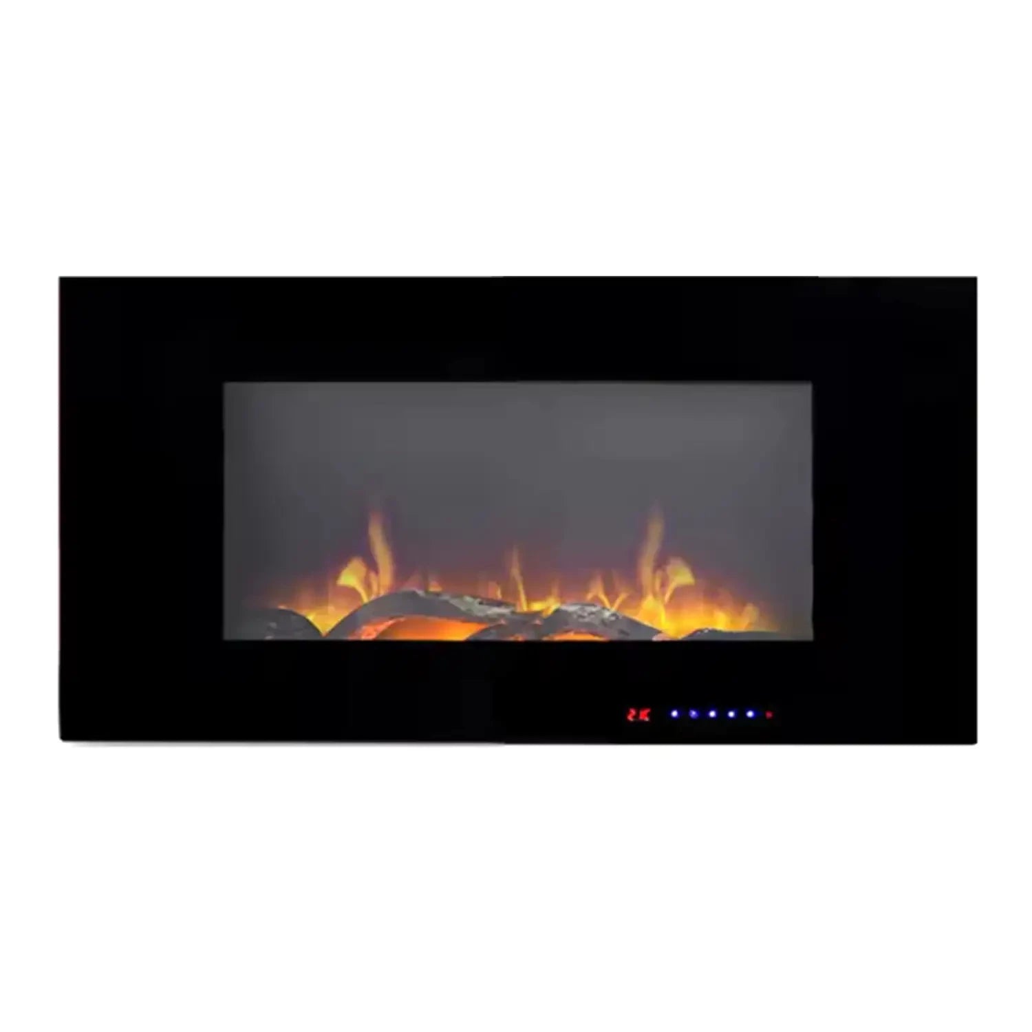 Wall-mounted electric fireplace with flame display on a white background