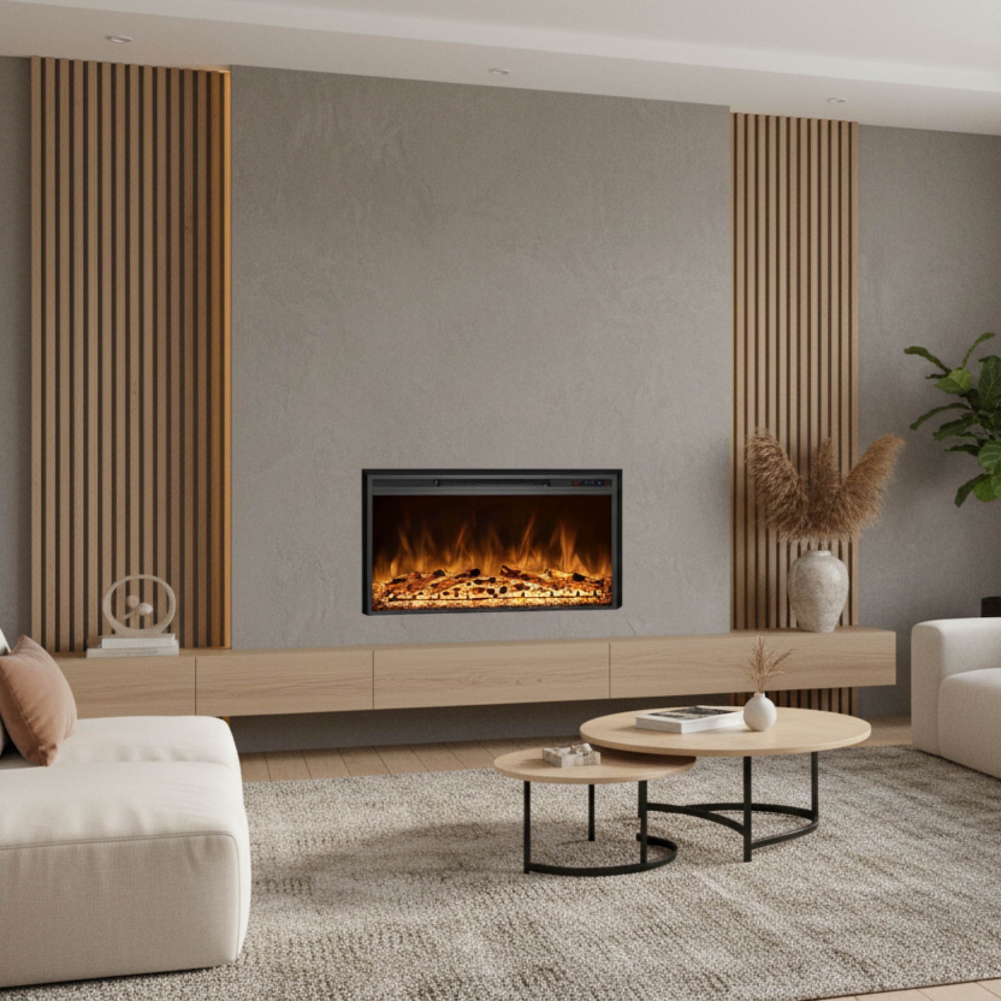 Modern living room with a fireplace, white sofa, and decorative elements.