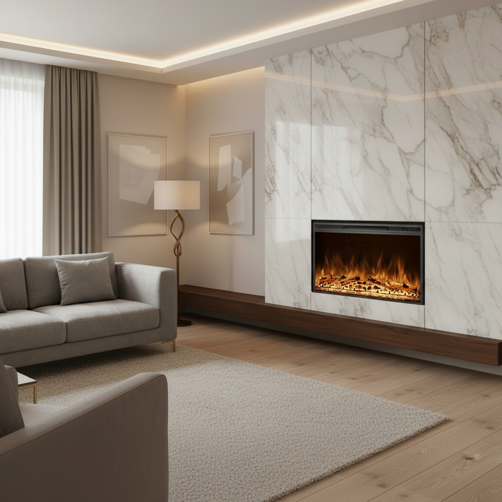 Modern living room with a gray sofa, marble fireplace, and decorative elements.