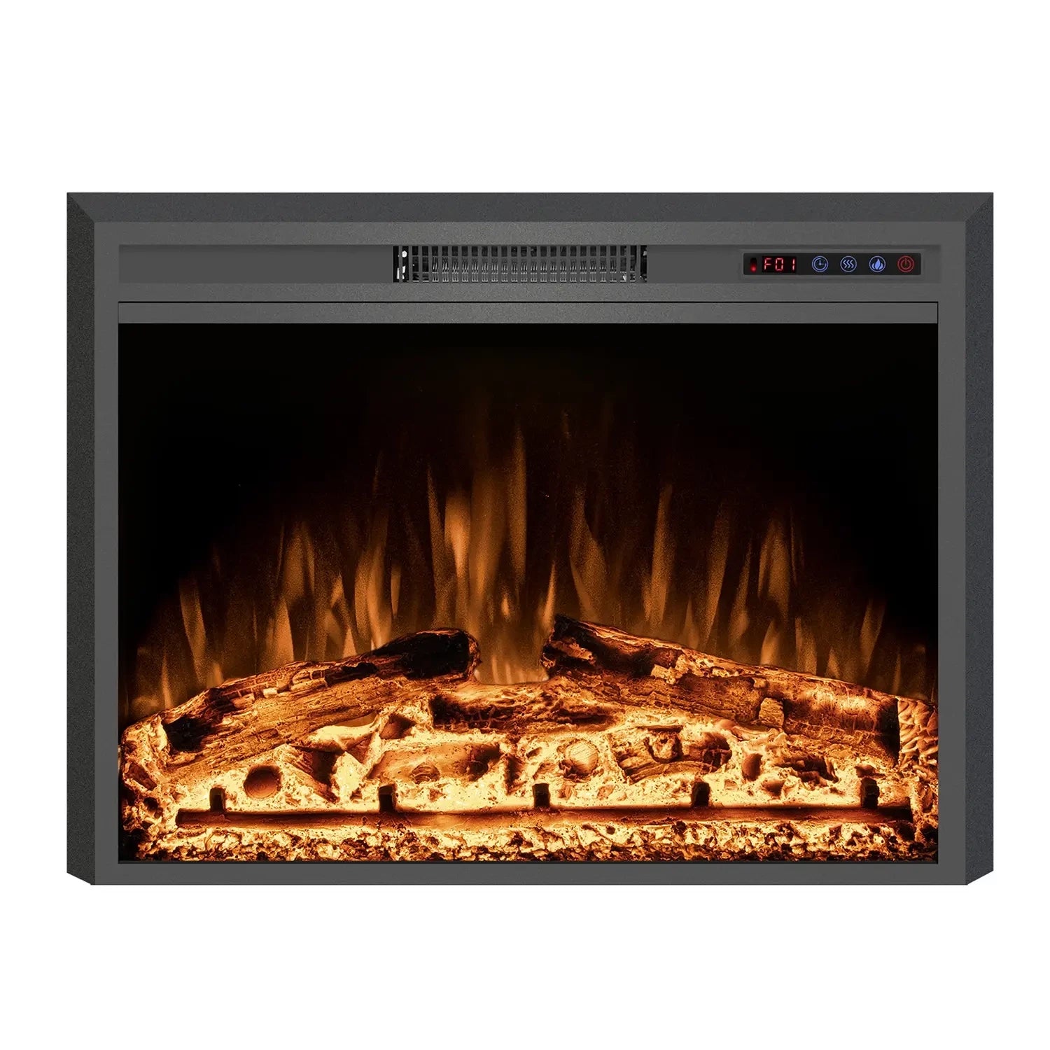 Electric fireplace insert with glowing logs and flames on a white background