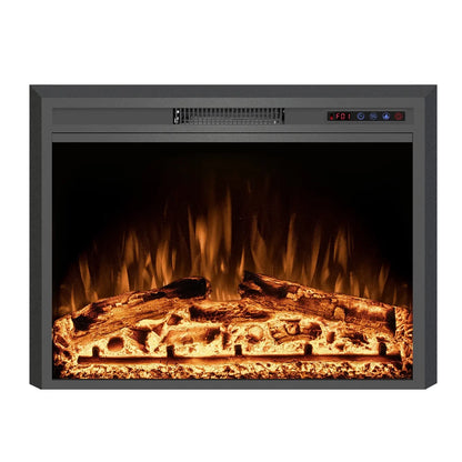 Electric fireplace insert with glowing logs and flames on a white background