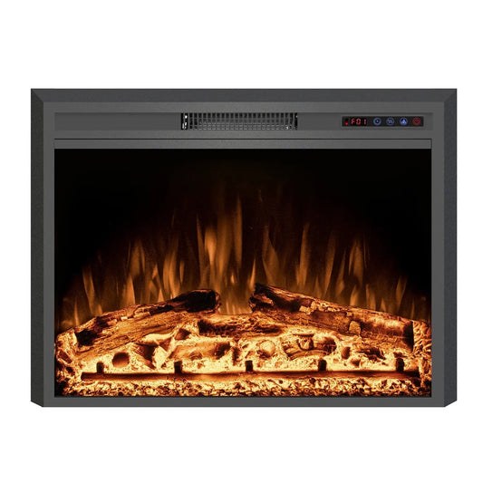 Electric fireplace insert with glowing logs and flames on a white background