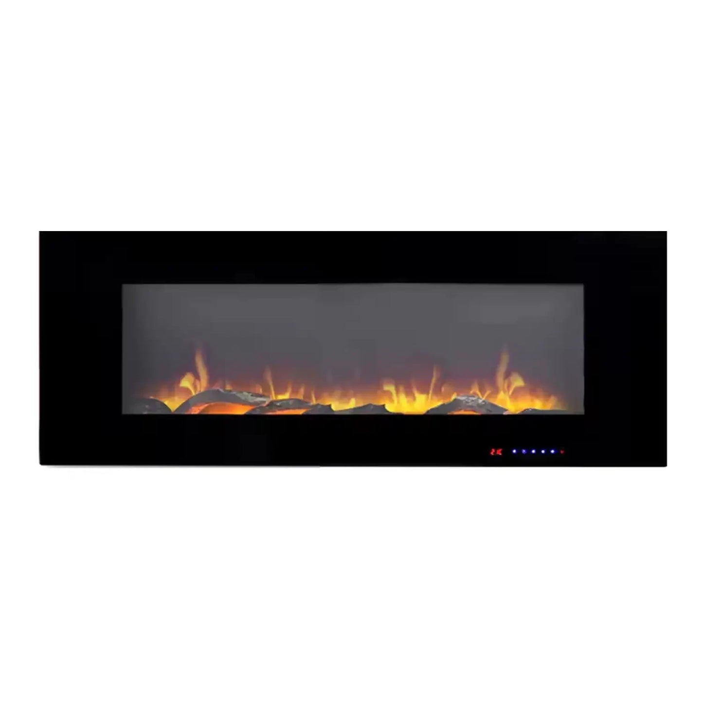 Wall-mounted electric fireplace with flame effect on a white background