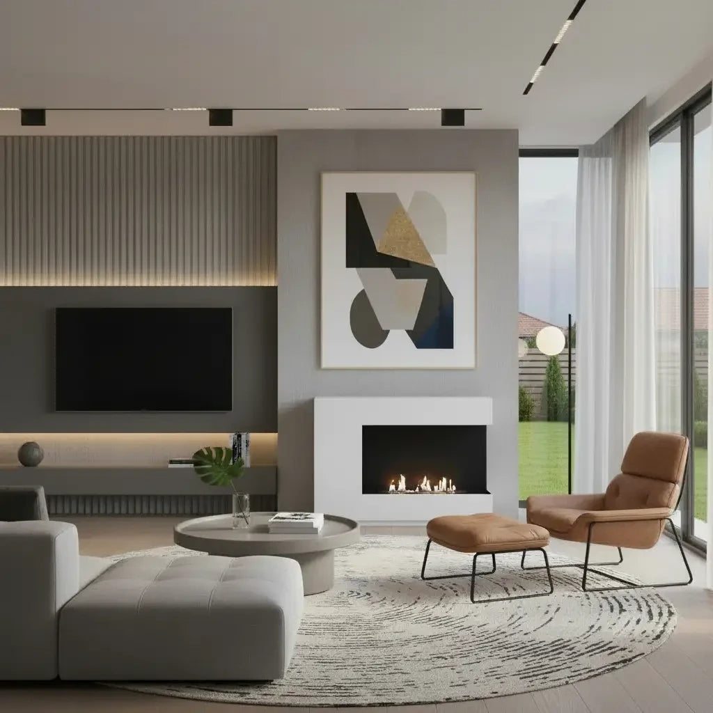 Modern living room with a fireplace, TV, and artwork.