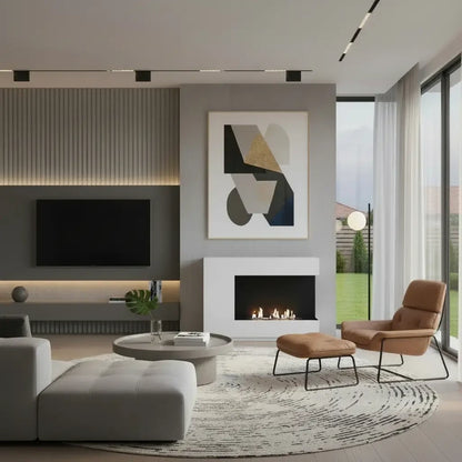 Modern living room with a fireplace, TV, and artwork.