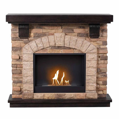 Stone fireplace with a lit fire inside on a white background