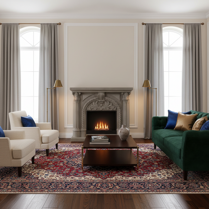 Decorative stone fireplace with a fire insidein a large lounge with patterned rug and sofa and chairs