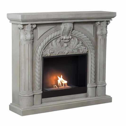 Decorative stone fireplace with a small fire inside on a white background