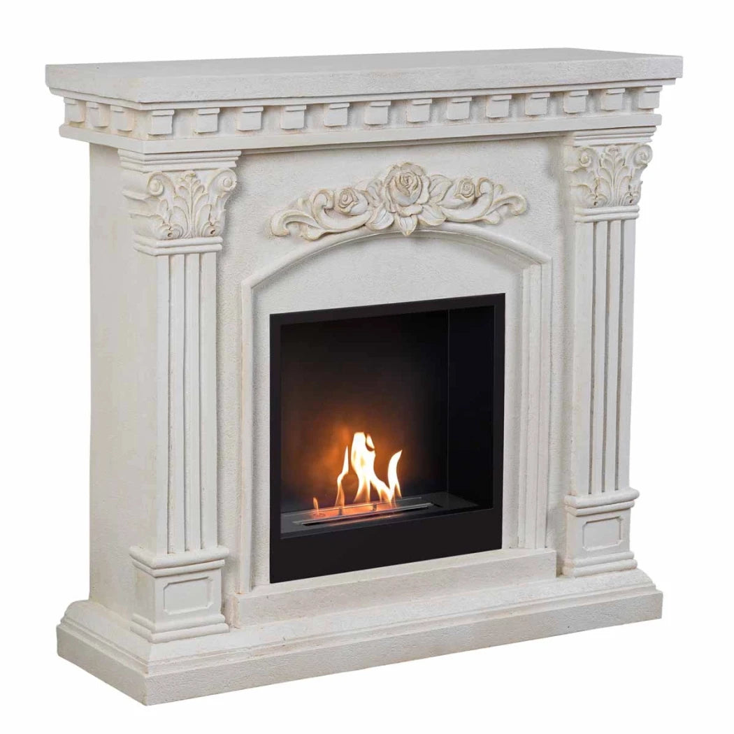 Decorative white fireplace with a lit fire inside on a white background