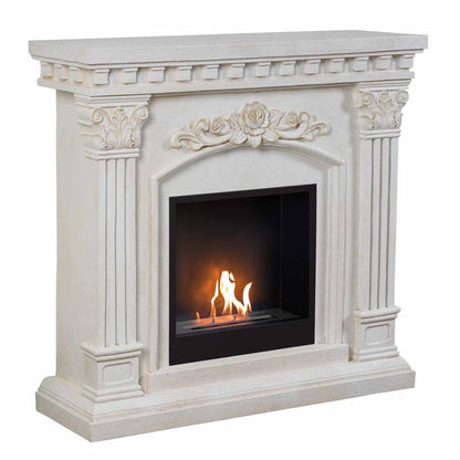 Decorative white fireplace with a lit fire inside on a white background