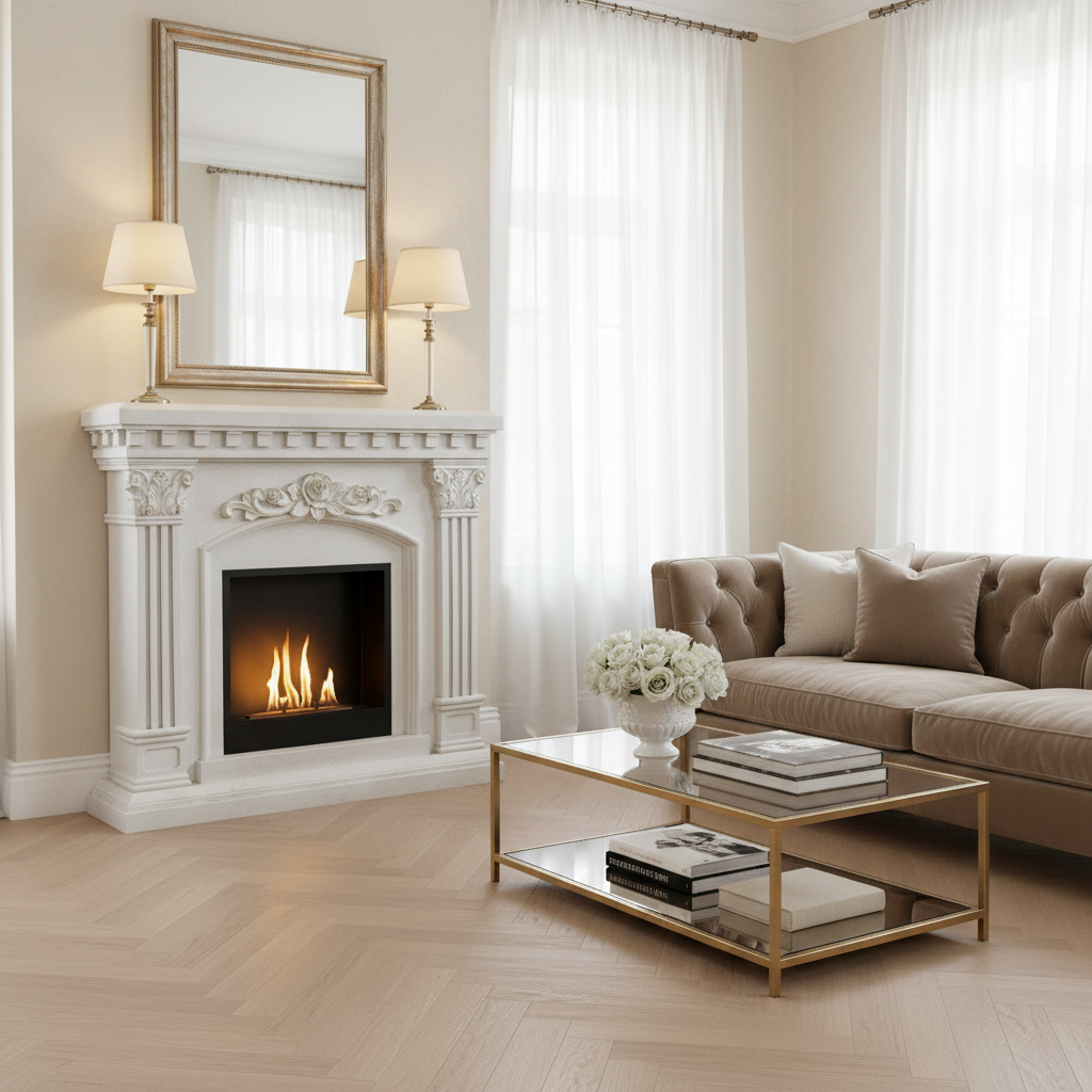 Living room with a fireplace, sofa, and coffee table.
