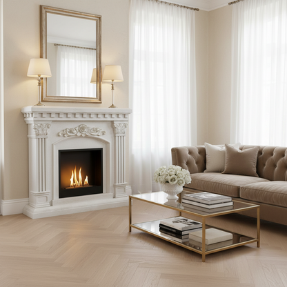 Living room with a fireplace, sofa, and coffee table.