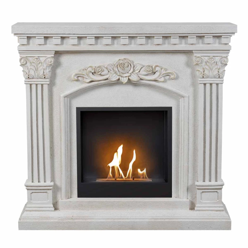 Decorative white fireplace with a lit insert on a white background