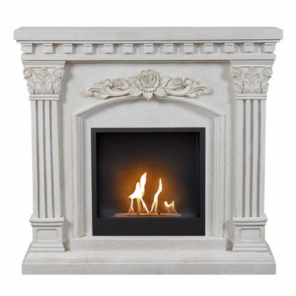 Decorative white fireplace with a lit insert on a white background