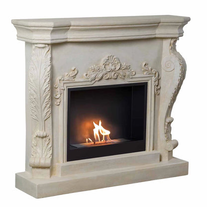 Decorative white fireplace with a fire inside on a white background
