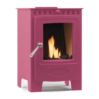 A pink cast iron wood-burning stove with a glass door showing a lit fire, on a white background.