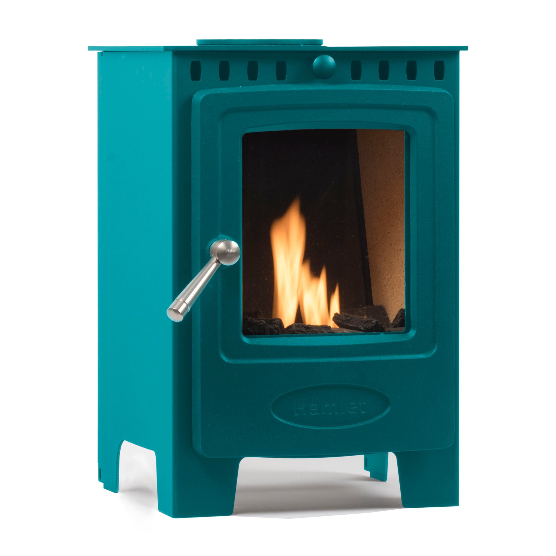A teal blue metal wood-burning stove with a glass front door showing a fire, a silver lever handle, and the brand name 'HIMMEL' embossed below the door, isolated on a white background.